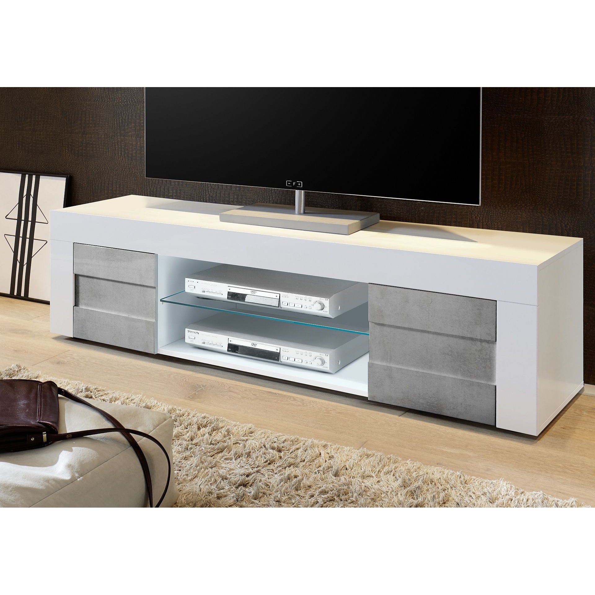 Milano Large 2 Door White Gloss and Grey TV Unit - FurniComp