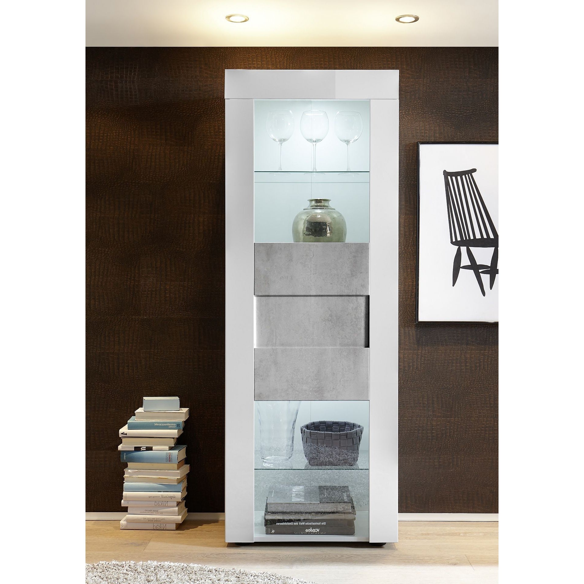 Milano 1 Door White Gloss and Grey Display Cabinet - FurniComp