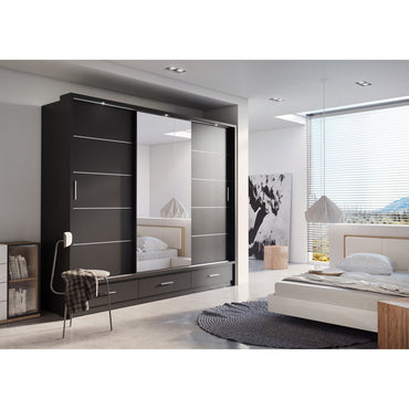 Klassy 3 Door 3 Drawer Matt Black Mirrored Sliding Door Wardrobe KL-01 - FurniComp