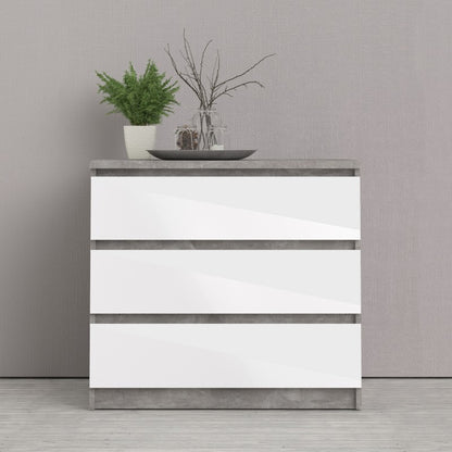 Alaska 3 Drawer White Gloss and Concrete Grey Chest of Drawer - FurniComp