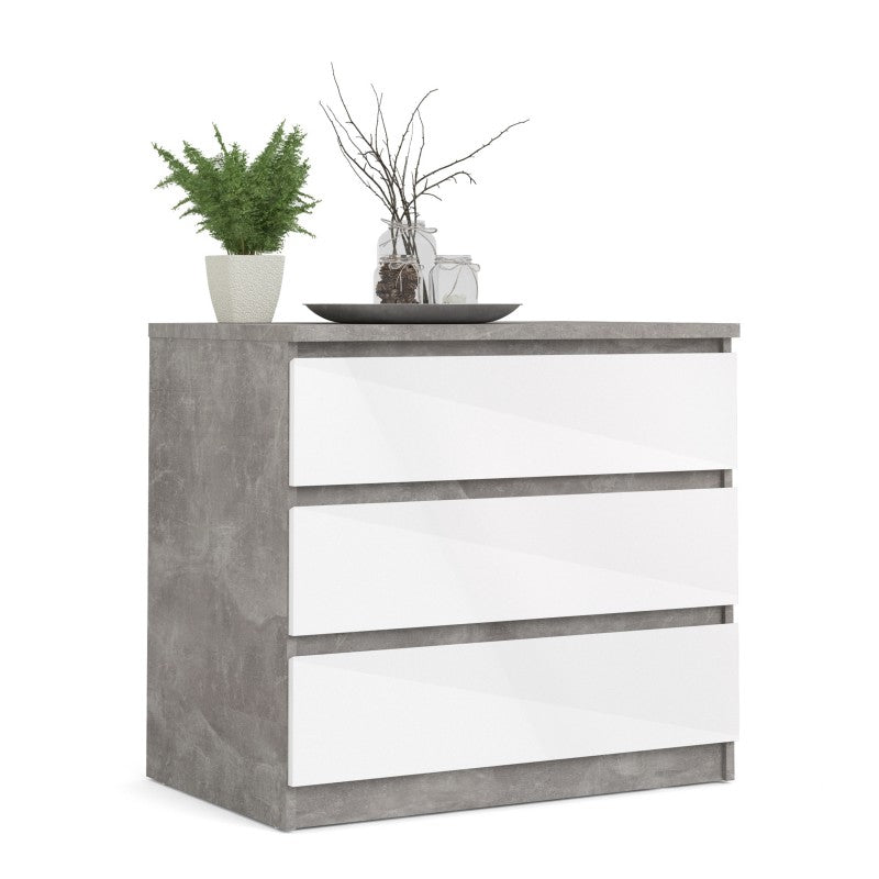 Alaska 3 Drawer White Gloss and Concrete Grey Chest of Drawer - FurniComp