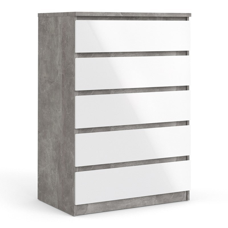 Alaska 5 Drawer White Gloss and Concrete Grey Chest of Drawer - FurniComp