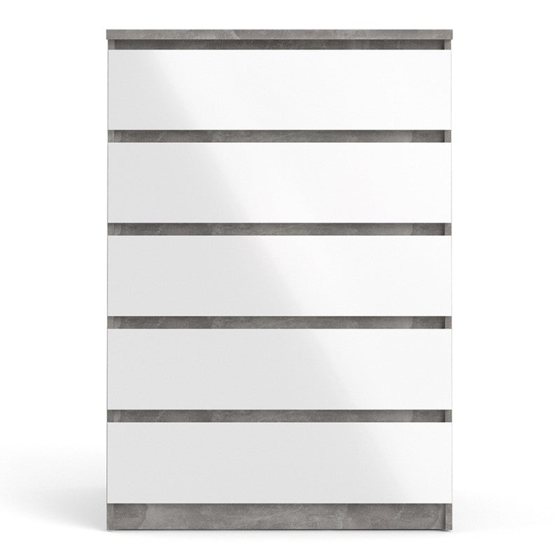 Alaska 5 Drawer White Gloss and Concrete Grey Chest of Drawer - FurniComp