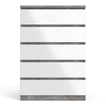 Alaska 5 Drawer White Gloss and Concrete Grey Chest of Drawer - FurniComp