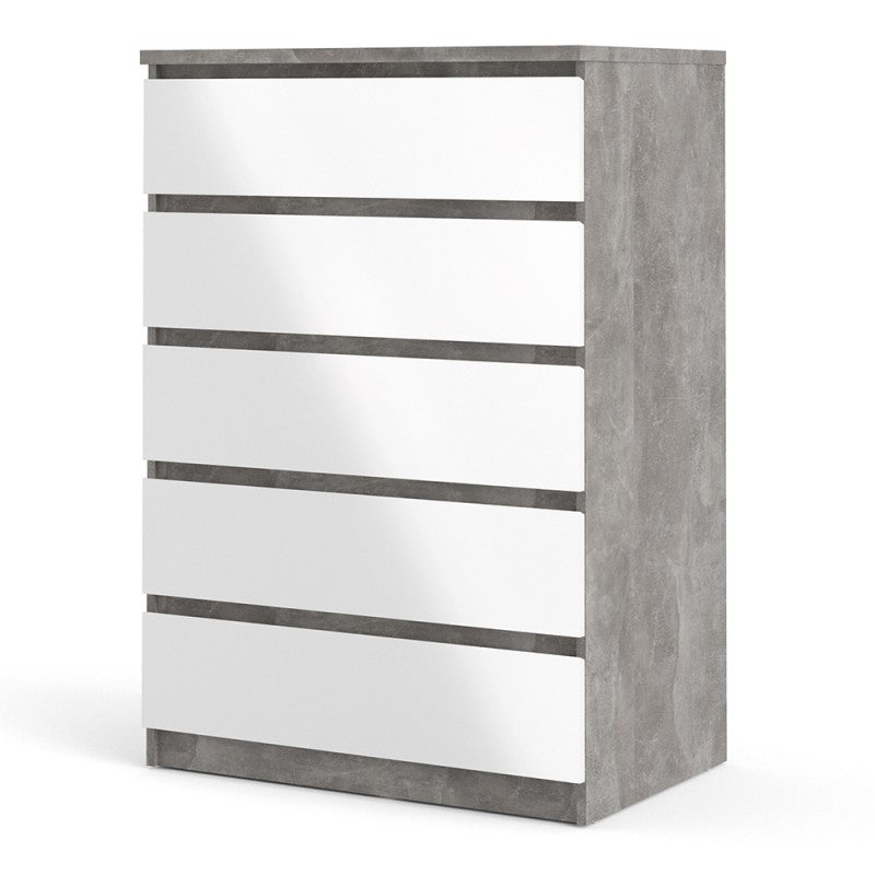 Alaska 5 Drawer White Gloss and Concrete Grey Chest of Drawer - FurniComp