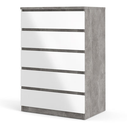 Alaska 5 Drawer White Gloss and Concrete Grey Chest of Drawer - FurniComp