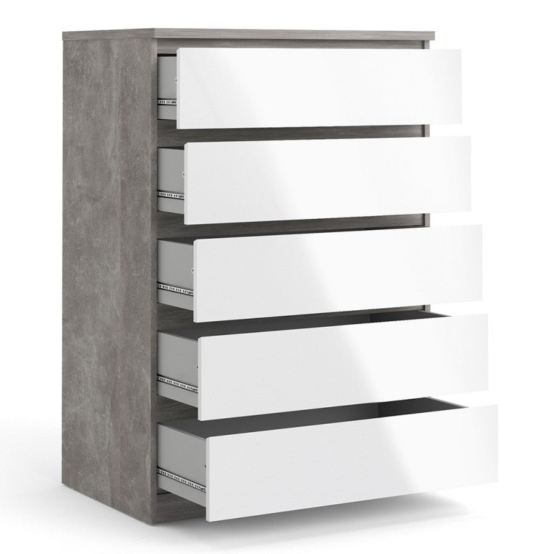 Alaska 5 Drawer White Gloss and Concrete Grey Chest of Drawer - FurniComp