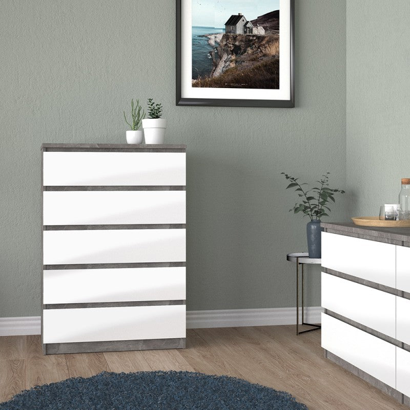 Alaska 5 Drawer White Gloss and Concrete Grey Chest of Drawer - FurniComp