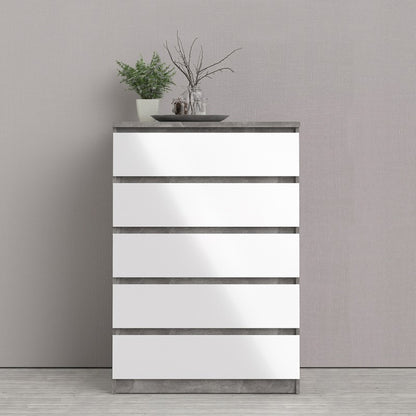 Alaska 5 Drawer White Gloss and Concrete Grey Chest of Drawer - FurniComp