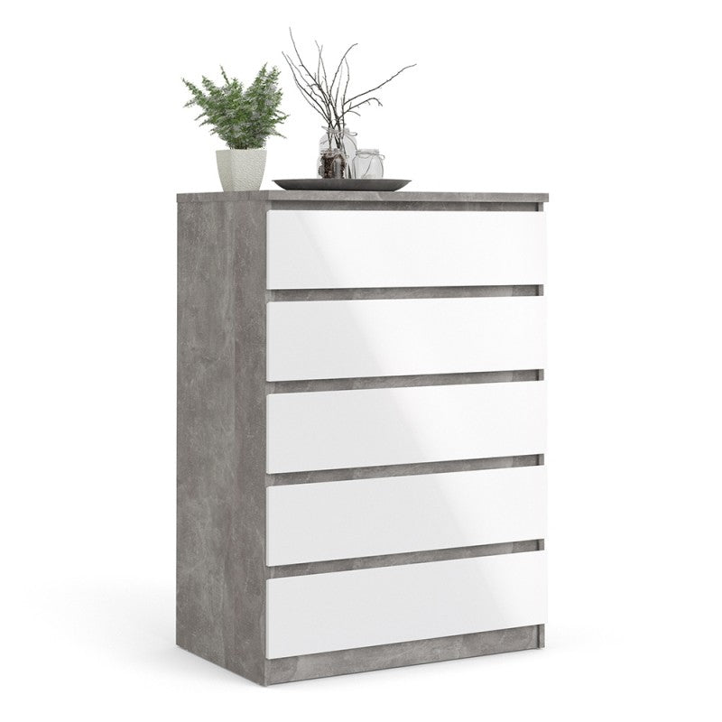 Alaska 5 Drawer White Gloss and Concrete Grey Chest of Drawer - FurniComp