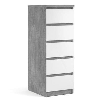 Alaska Narrow White Gloss and Concrete Grey 5 Drawer Chest of Drawer - FurniComp