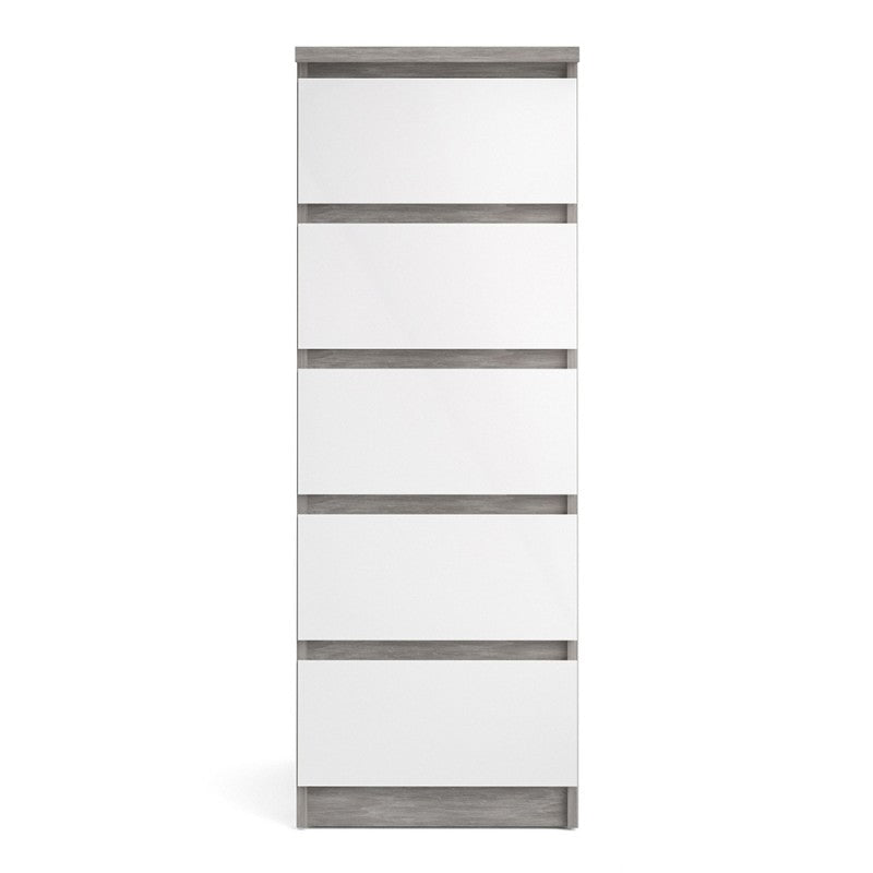 Alaska Narrow White Gloss and Concrete Grey 5 Drawer Chest of Drawer - FurniComp