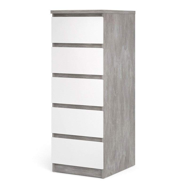 Alaska Narrow White Gloss and Concrete Grey 5 Drawer Chest of Drawer - FurniComp