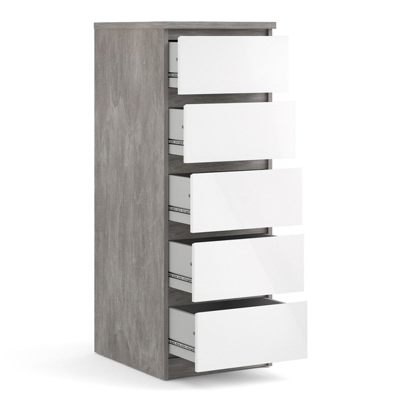 Alaska Narrow White Gloss and Concrete Grey 5 Drawer Chest of Drawer - FurniComp