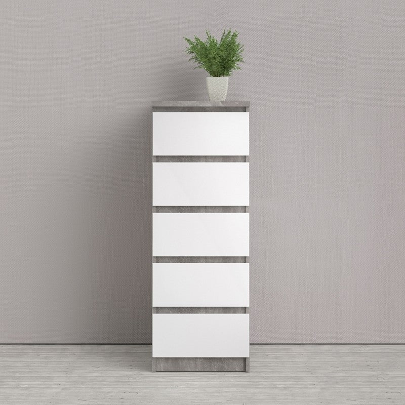 Alaska Narrow White Gloss and Concrete Grey 5 Drawer Chest of Drawer - FurniComp