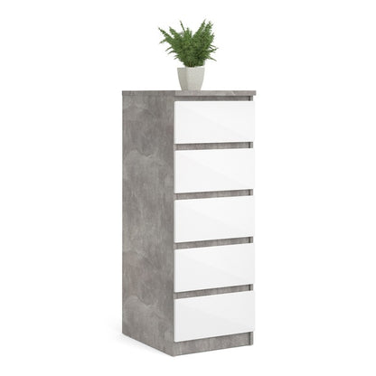 Alaska Narrow White Gloss and Concrete Grey 5 Drawer Chest of Drawer - FurniComp