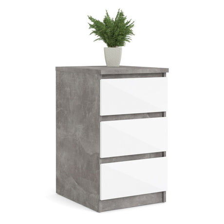 Alaska White Gloss and Concrete Grey 3 Drawer Bedside - FurniComp