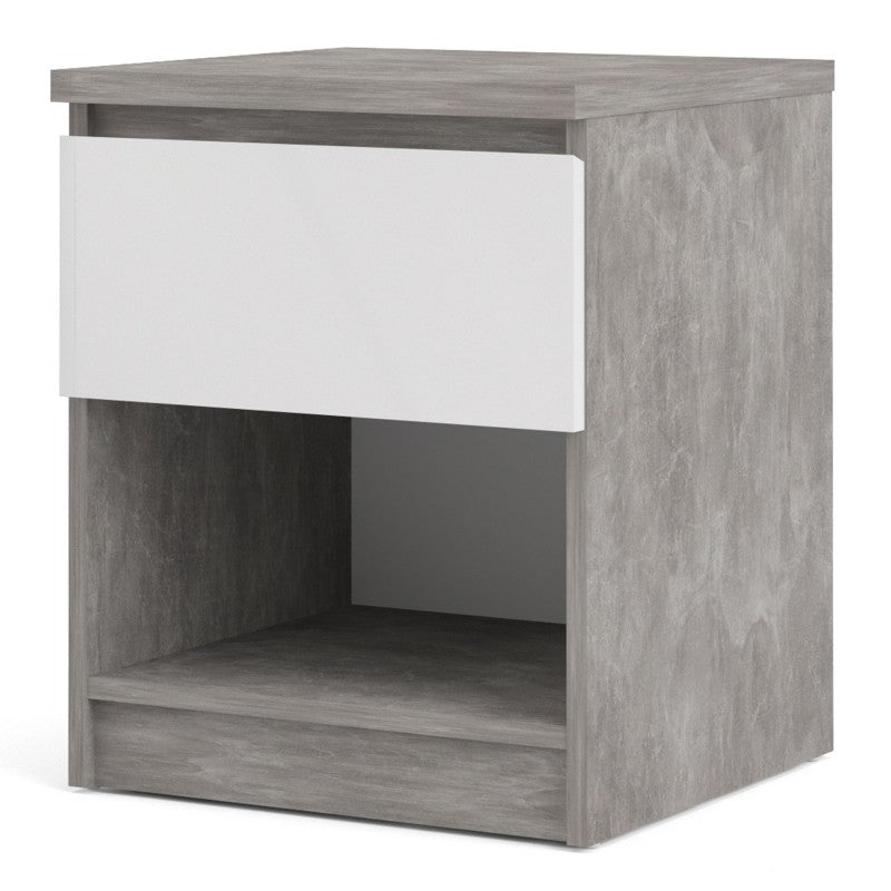 Alaska White Gloss and Concrete Grey 1 Drawer 1 Shelf Bedside - FurniComp