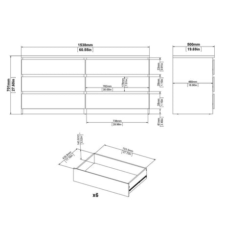 Alaska Wide Jackson Hickory Oak 6 Drawers (3+3) Chest of Drawer - FurniComp