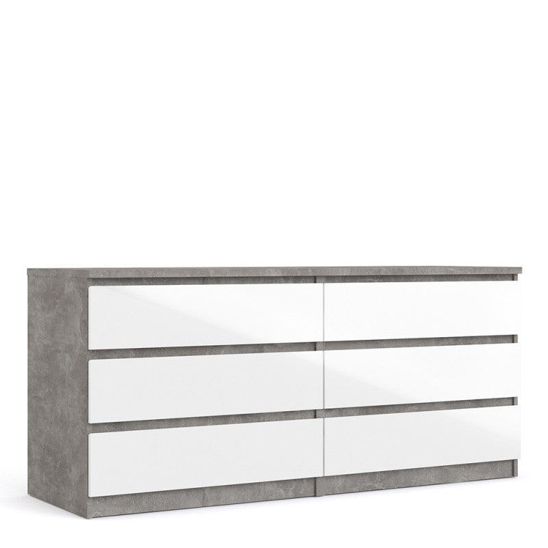 Alaska Wide White Gloss and Concrete Grey 6 Drawers (3+3) Chest of Drawer - FurniComp