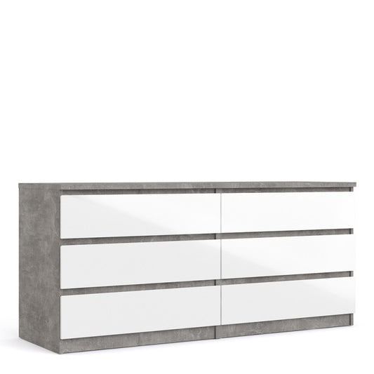 Alaska Wide White Gloss and Concrete Grey 6 Drawers (3+3) Chest of Drawer - FurniComp