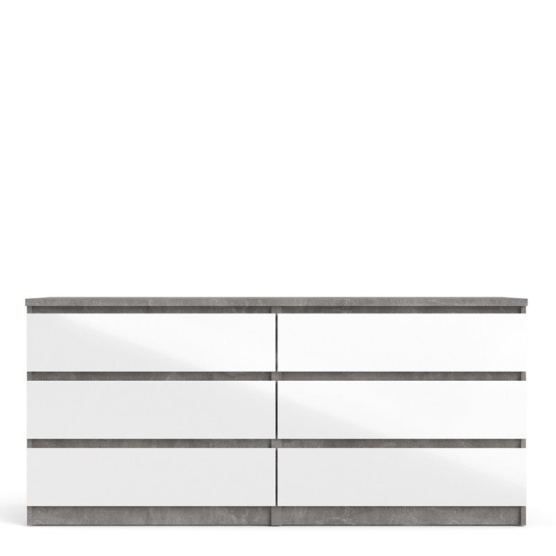 Alaska Wide White Gloss and Concrete Grey 6 Drawers (3+3) Chest of Drawer - FurniComp