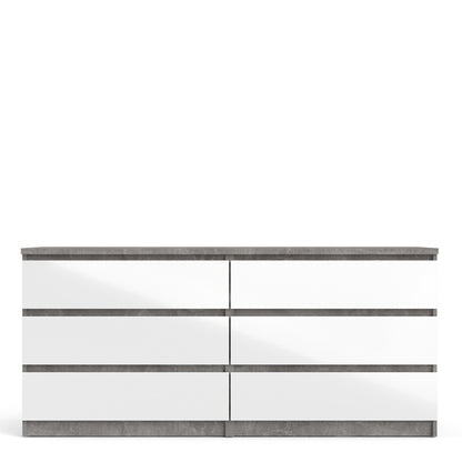Alaska Wide White Gloss and Concrete Grey 6 Drawers (3+3) Chest of Drawer - FurniComp