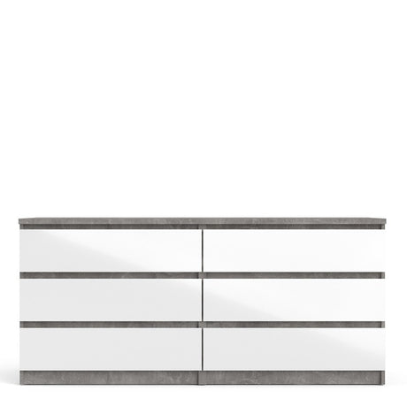 Alaska Wide White Gloss and Concrete Grey 6 Drawers (3+3) Chest of Drawer - FurniComp