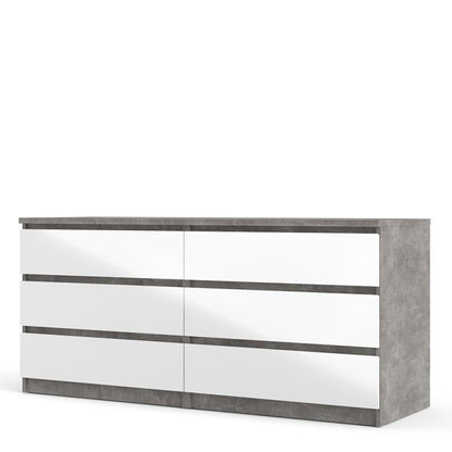 Alaska Wide White Gloss and Concrete Grey 6 Drawers (3+3) Chest of Drawer - FurniComp