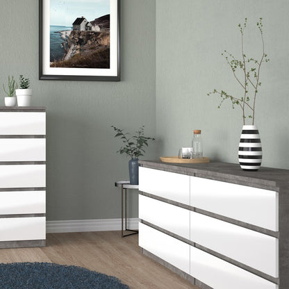 Alaska Wide White Gloss and Concrete Grey 6 Drawers (3+3) Chest of Drawer - FurniComp