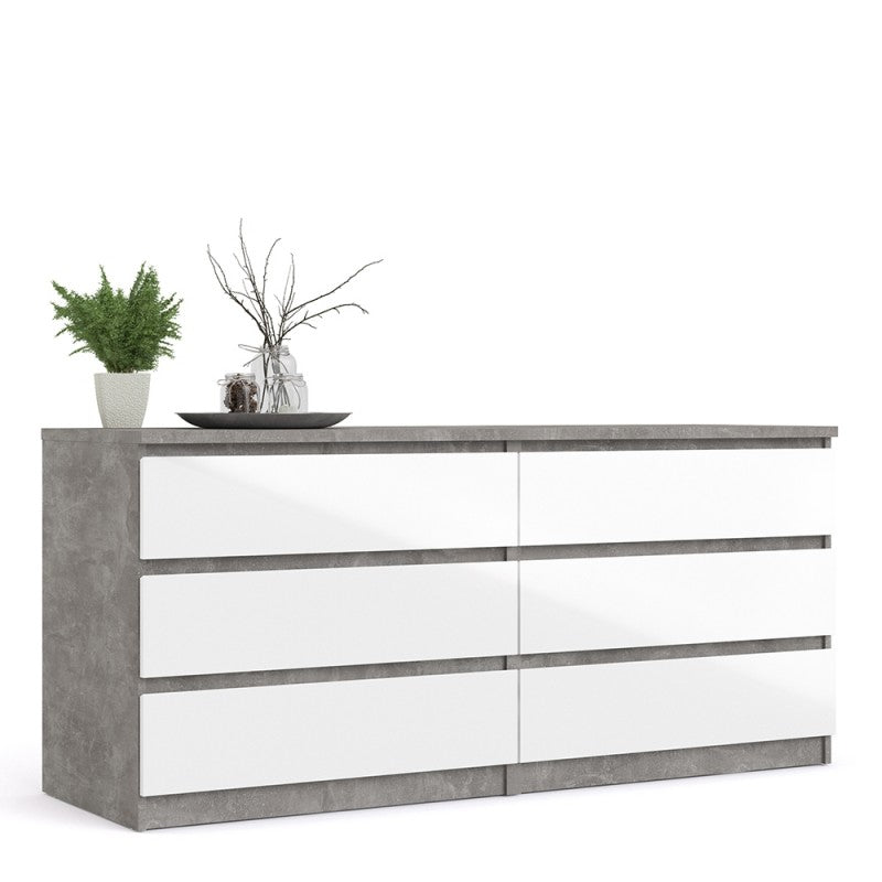 Alaska Wide White Gloss and Concrete Grey 6 Drawers (3+3) Chest of Drawer - FurniComp