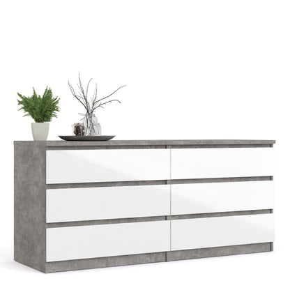Alaska Wide White Gloss and Concrete Grey 6 Drawers (3+3) Chest of Drawer - FurniComp
