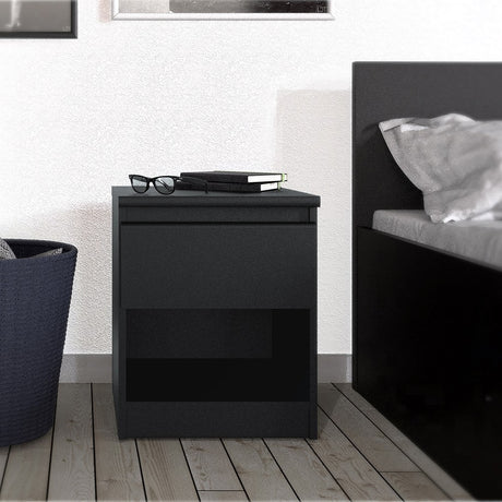 Alaska Matt Black 1 Drawer 1 Shelf Bedside - FurniComp