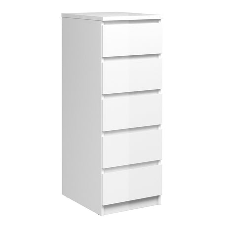 Alaska Tall Narrow White Gloss 5 Drawer Chest of Drawer - FurniComp