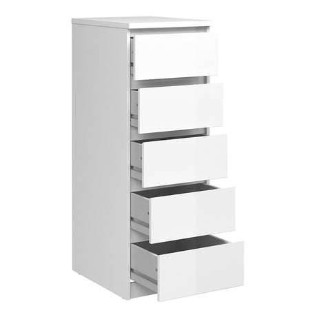 Alaska Tall Narrow White Gloss 5 Drawer Chest of Drawer - FurniComp