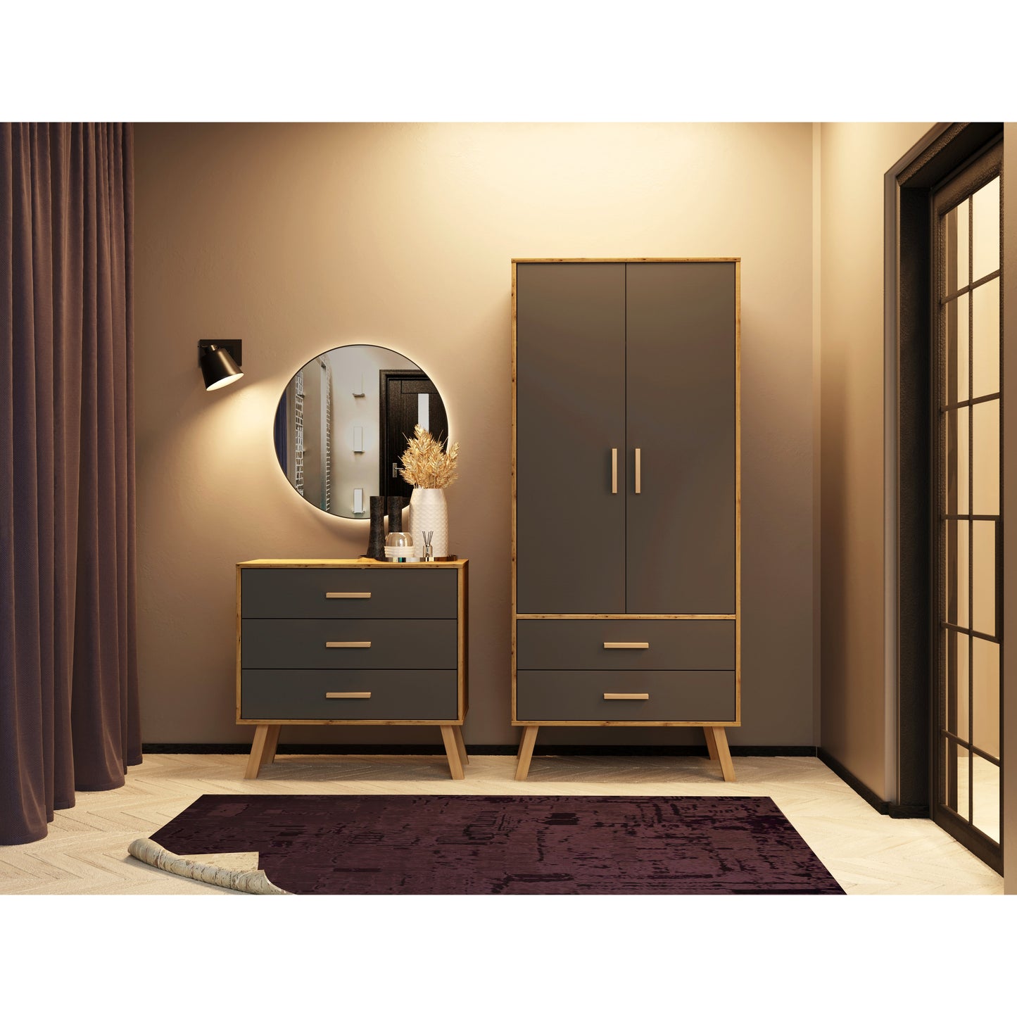 Alta 2 Door 2 Drawer Oak and Grey Wardrobe - FurniComp