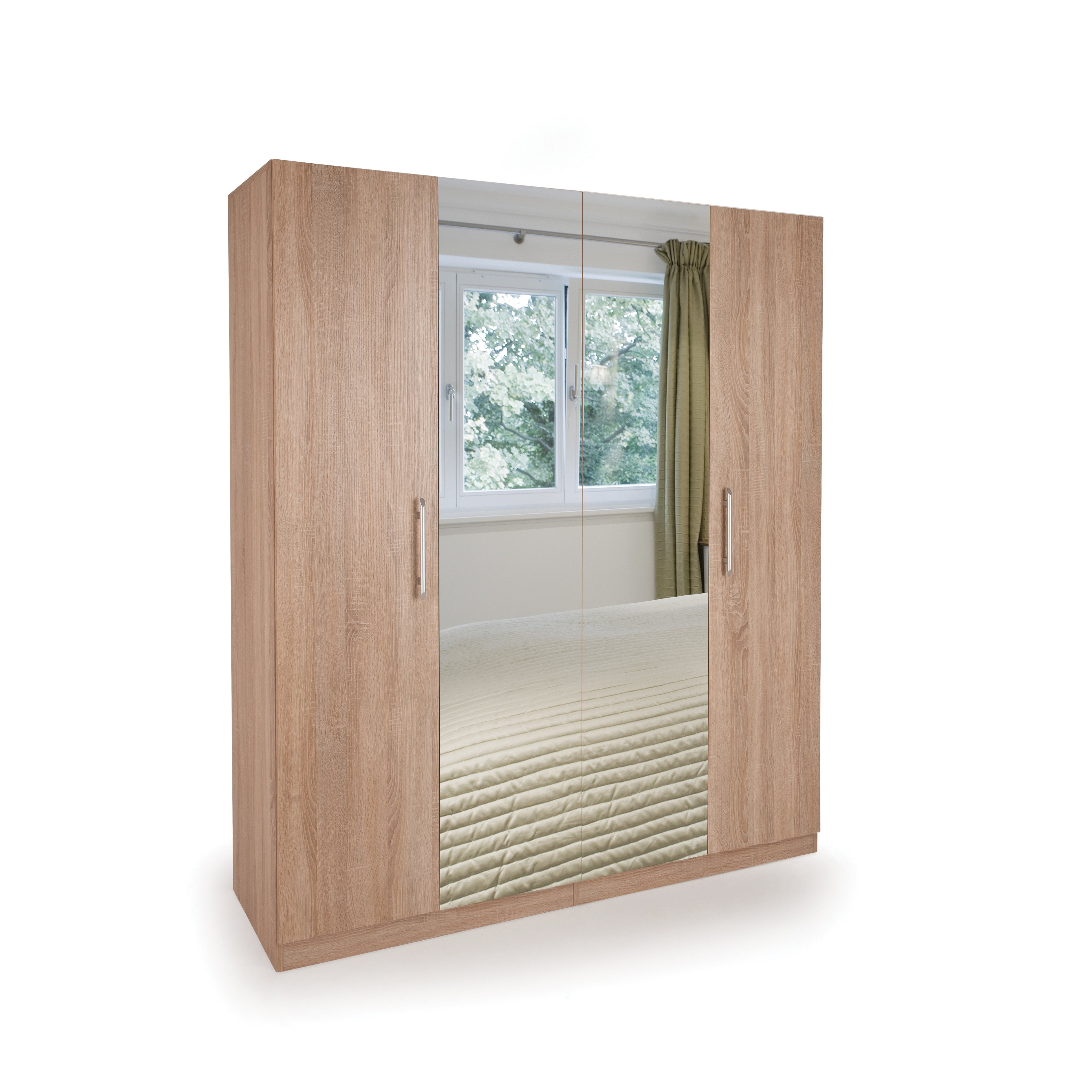 Aria Oak 4 Door Mirrored Wardrobe - FurniComp