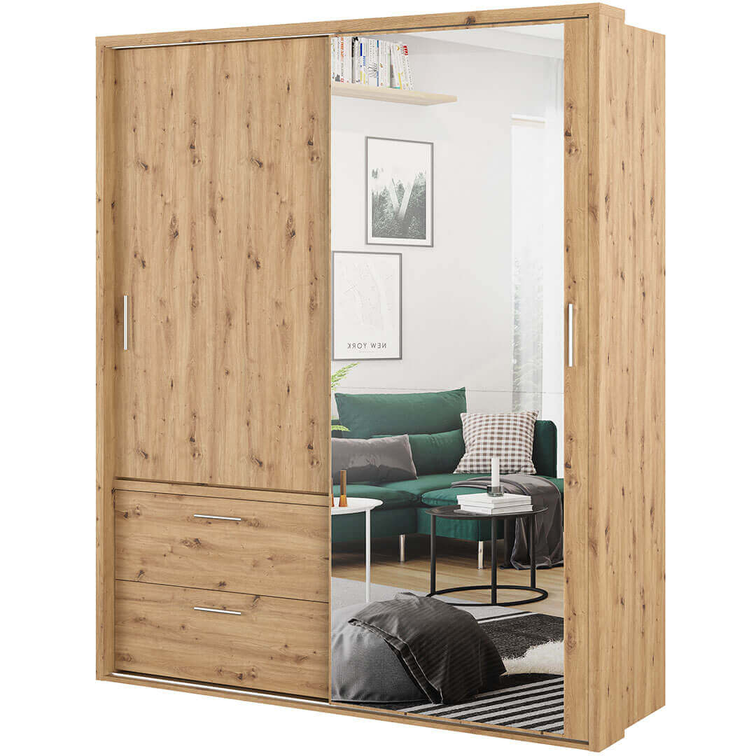 Klassy 2 Door 2 Drawer 180cm Oak Mirrored Sliding Door Wardorbe KL-22 - FurniComp