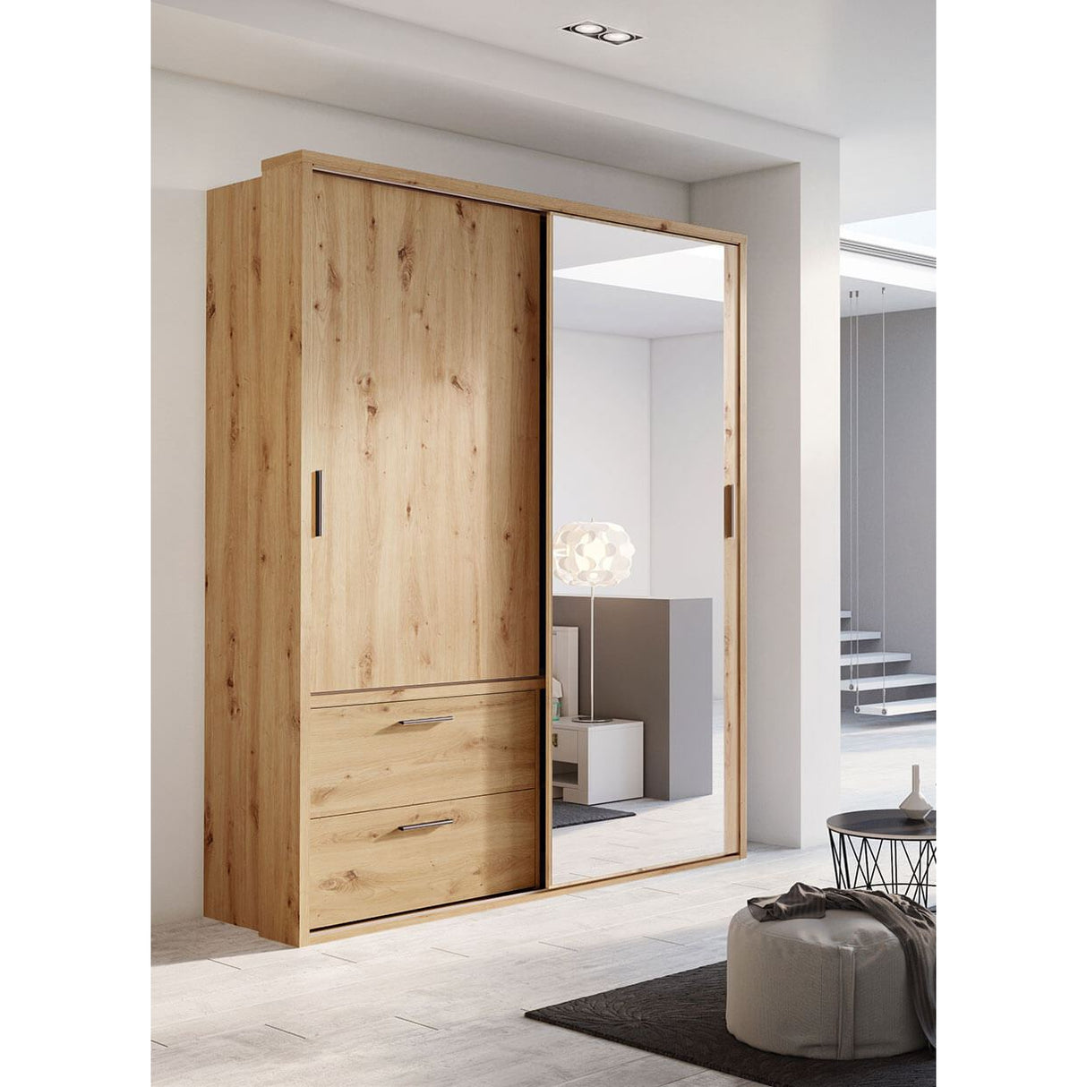 Klassy 2 Door 2 Drawer 180cm Oak Mirrored Sliding Door Wardorbe KL-22 - FurniComp