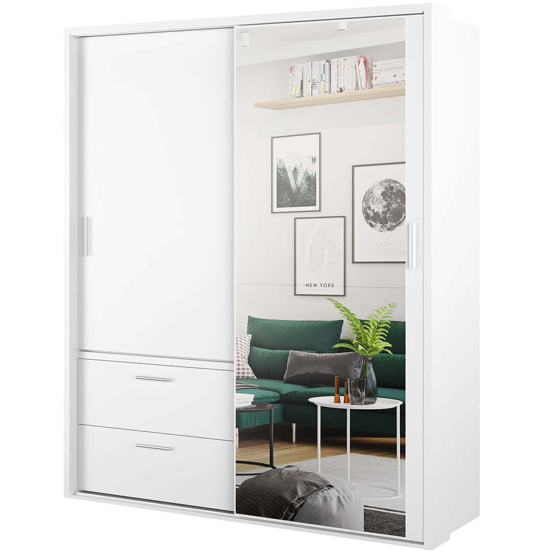 Klassy 2 Door 2 Drawer 180cm White Mirrored Sliding Door Wardorbe KL-22 - FurniComp