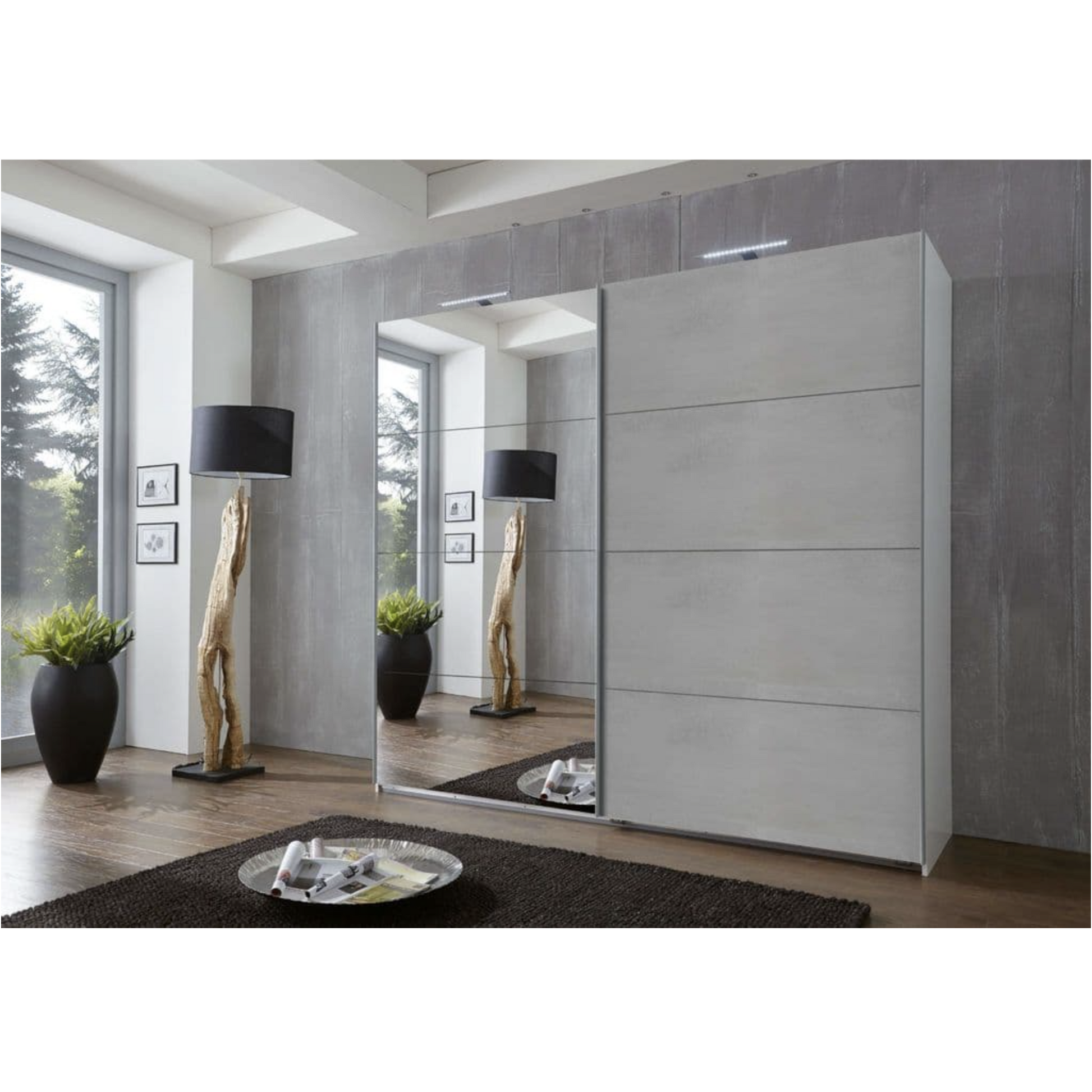 Arvada 2 Door Concrete Grey 225cm Mirrored Sliding Door Wardrobe - FurniComp