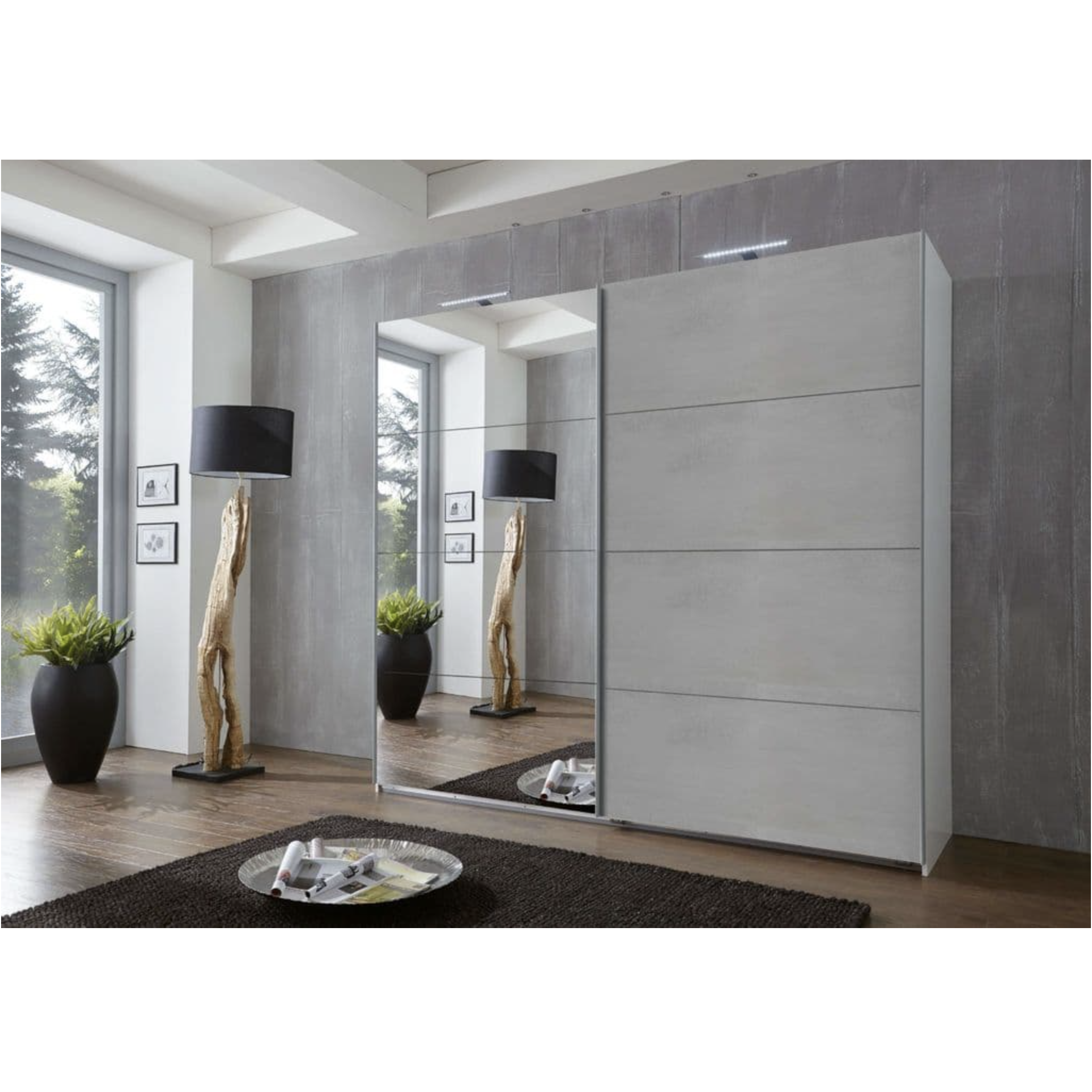 Arvada 2 Door Concrete Grey 225cm Mirrored Sliding Door Wardrobe - FurniComp