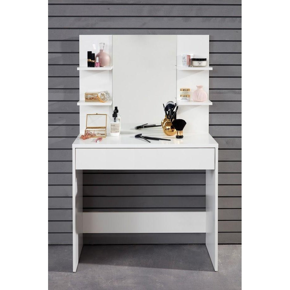 Athena White 1 Drawer Mirrored Dressing/Makeup Vanity Table - FurniComp