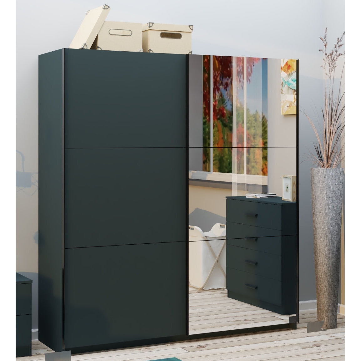 Axel 2 Door 180cm Anthracite Mirrored Sliding Door Wardrobe - FurniComp