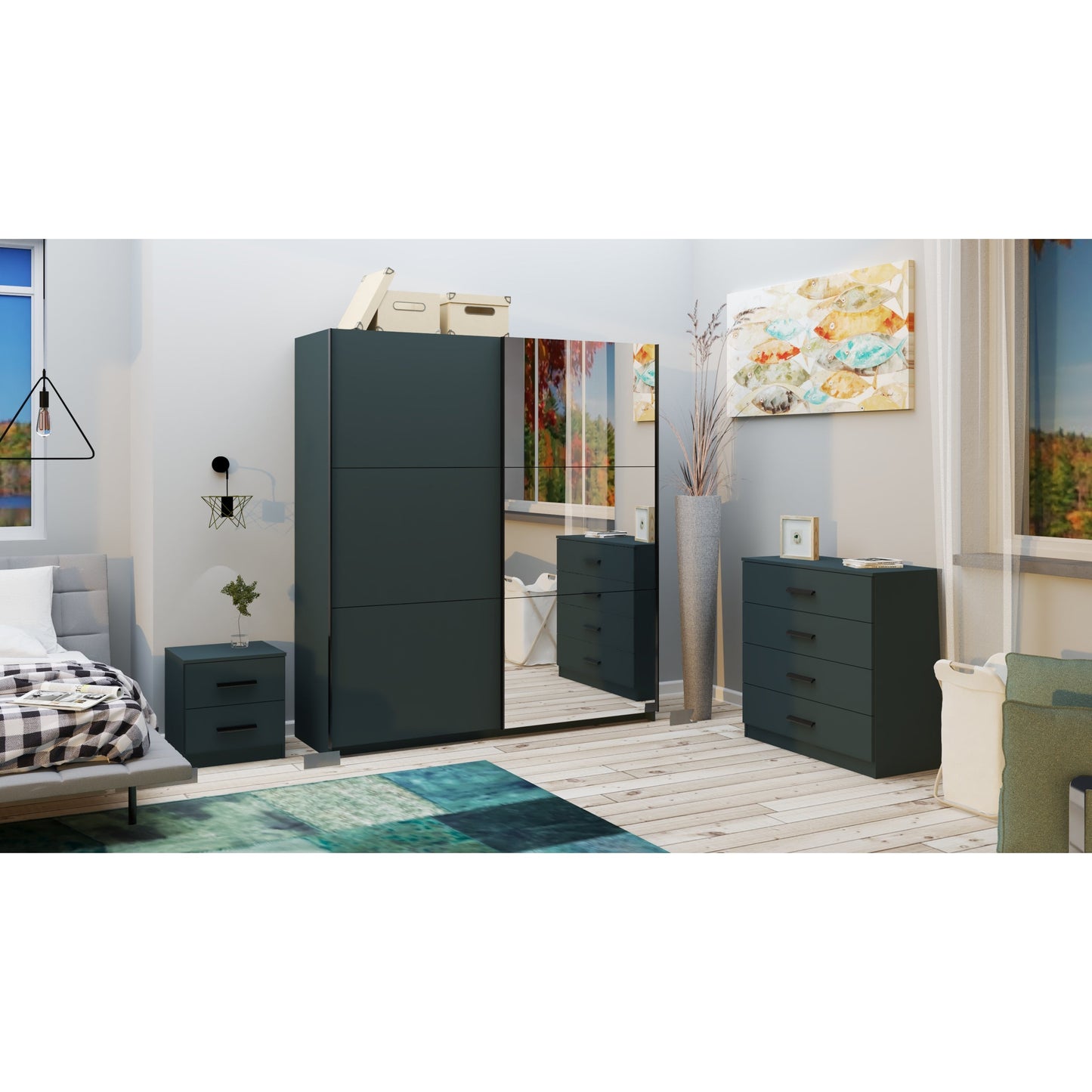 Axel 2 Door 180cm Anthracite Mirrored Sliding Door Wardrobe - FurniComp