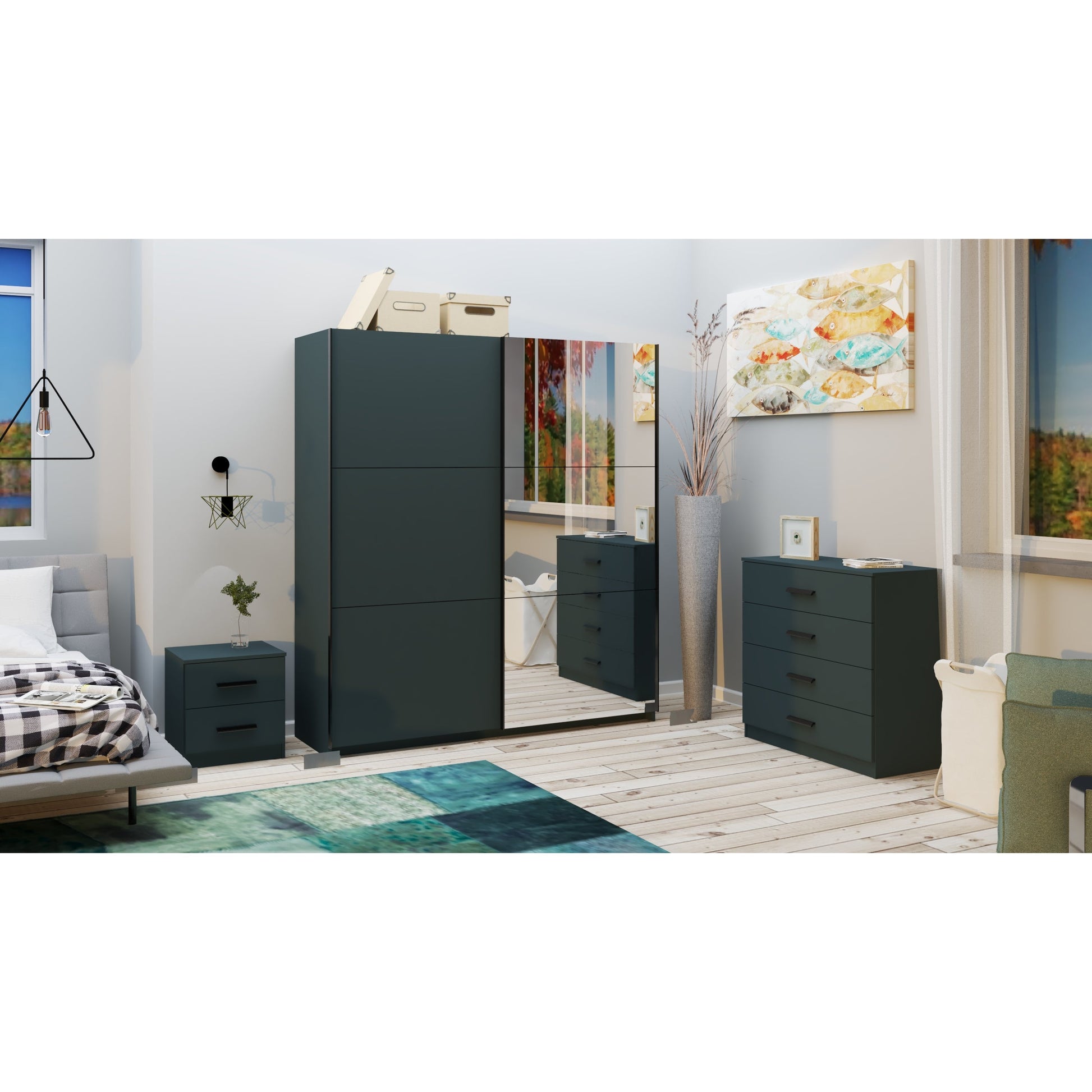 Axel 2 Door 180cm Anthracite Mirrored Sliding Door Wardrobe - FurniComp