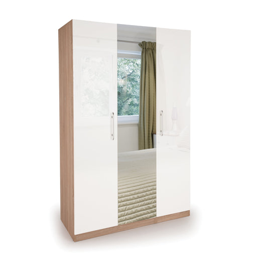 Ayla High Gloss White and Oak 3 Door Mirrored Wardrobe - FurniComp