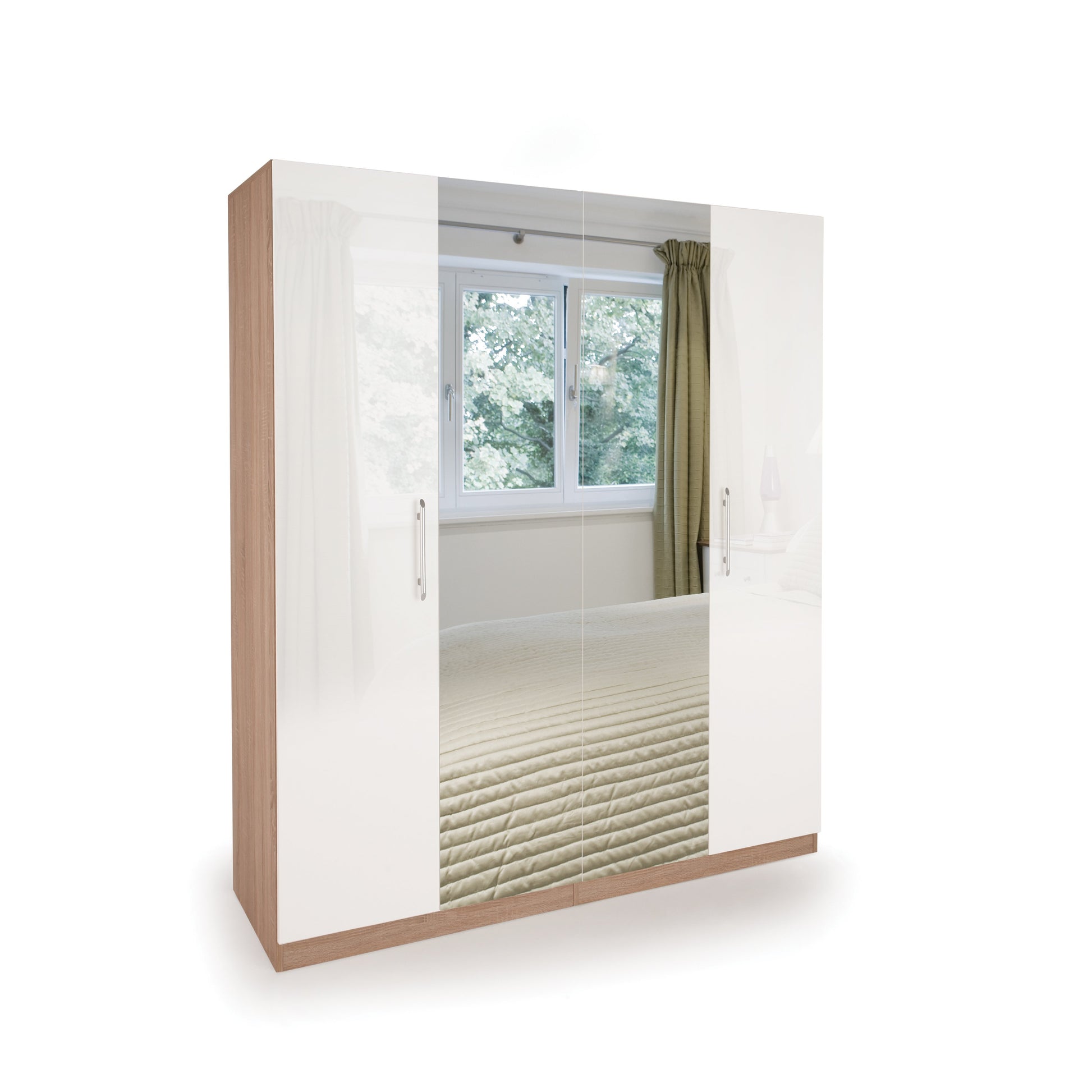 Ayla High Gloss White and Oak 4 Door Mirrored Wardrobe - FurniComp