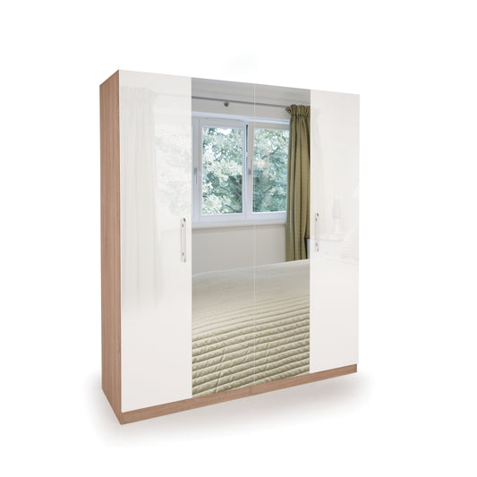 Ayla High Gloss White and Oak 4 Door Mirrored Wardrobe - FurniComp