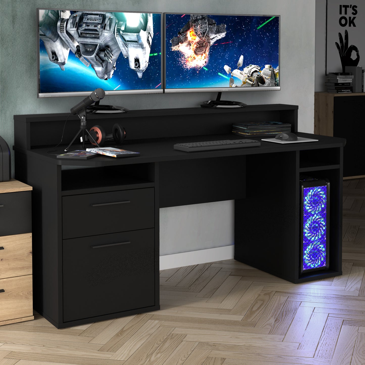 BETA 2 Drawer Black Gaming Desk with LED Lighting & Hutch - FurniComp